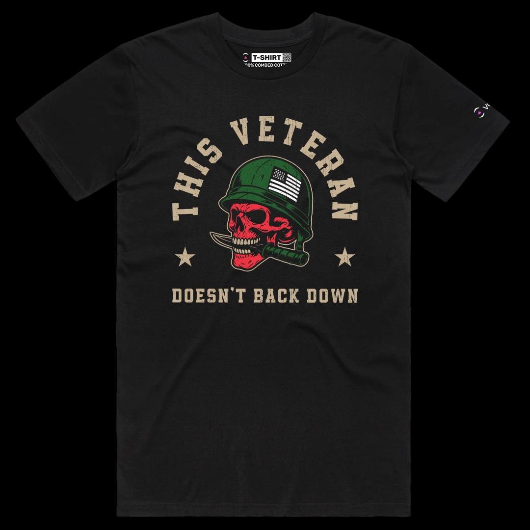 VOICEART Black Male Regular US Veteran No Backing Down Graphic Tee for 4th of July Short Cotton Shirt for Men and Women v1