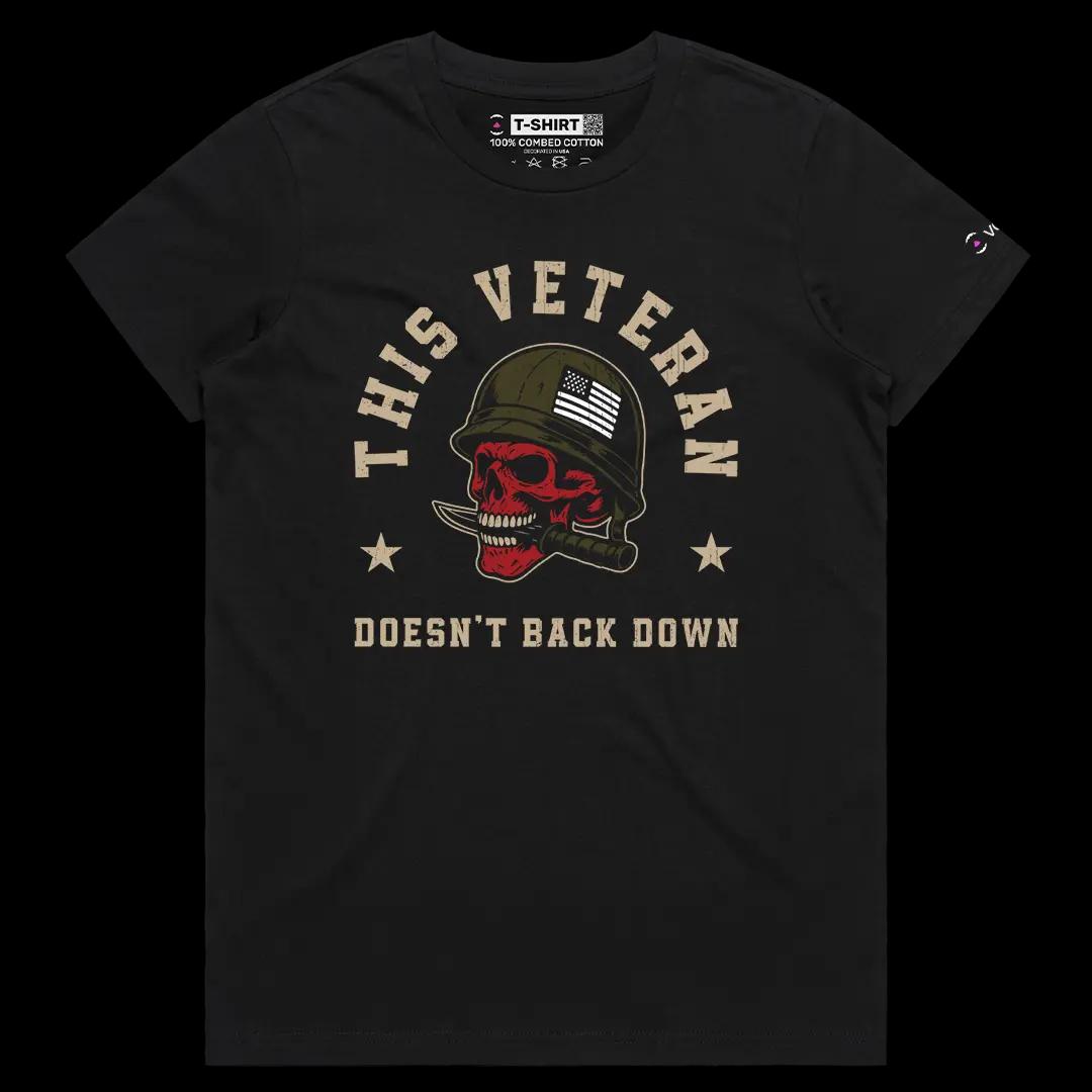 VOICEART Black Female Regular US Veteran No Backing Down Graphic Tee for 4th of July Short Cotton Shirt for Men and Women v1