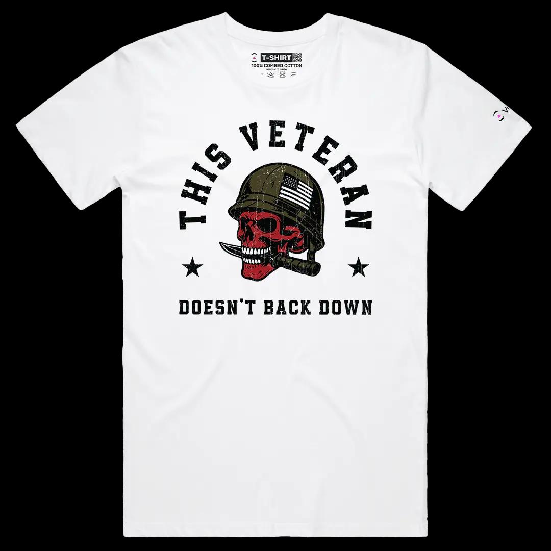 VOICEART White Male Regular US Veteran No Backing Down Graphic Tee for 4th of July Short Cotton Shirt for Men and Women v1