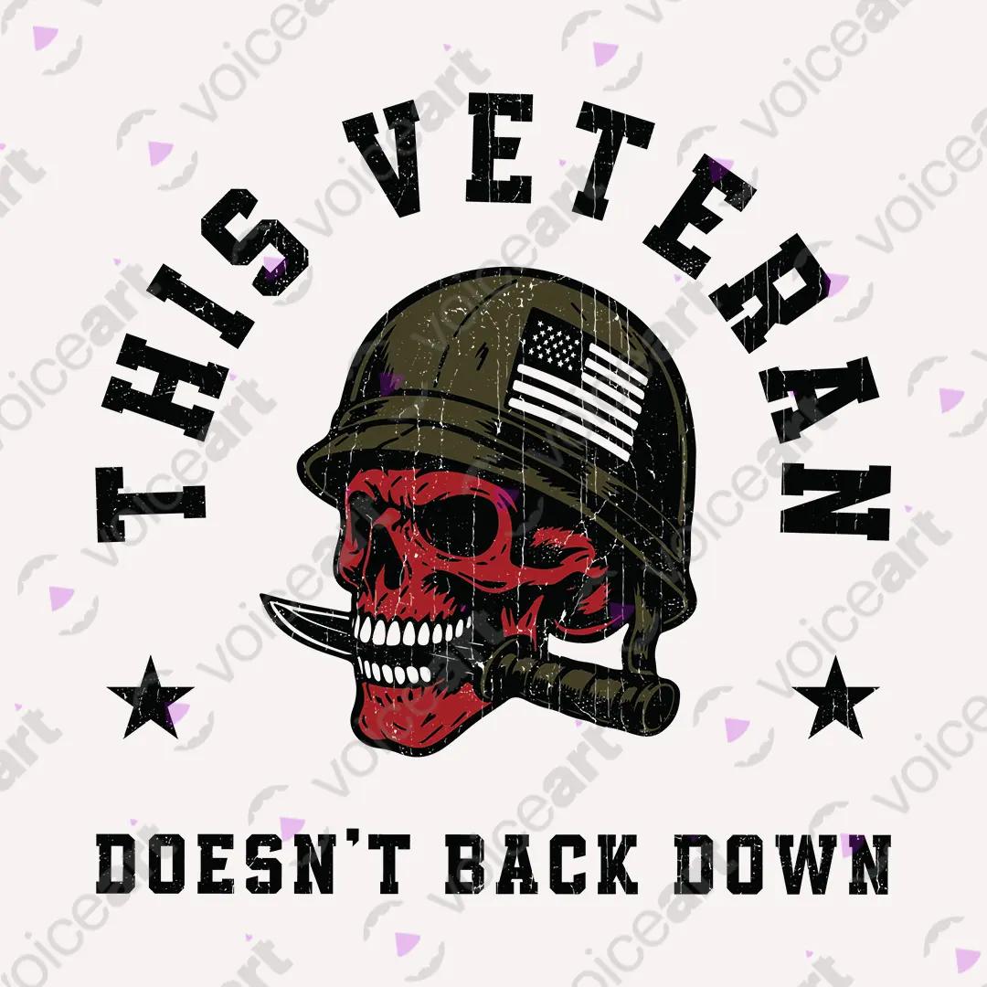 VOICEART White Watermark US Veteran No Backing Down Graphic Tee for 4th of July Short Cotton Shirt for Men and Women v1