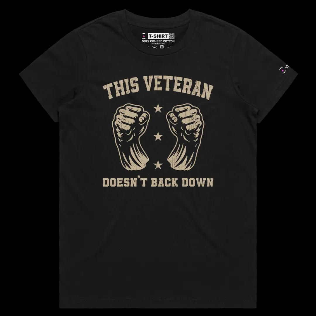 VOICEART Black Female Regular US Veteran No Backing Down Graphic Tee for 4th of July Short Cotton Shirt for Men and Women v2