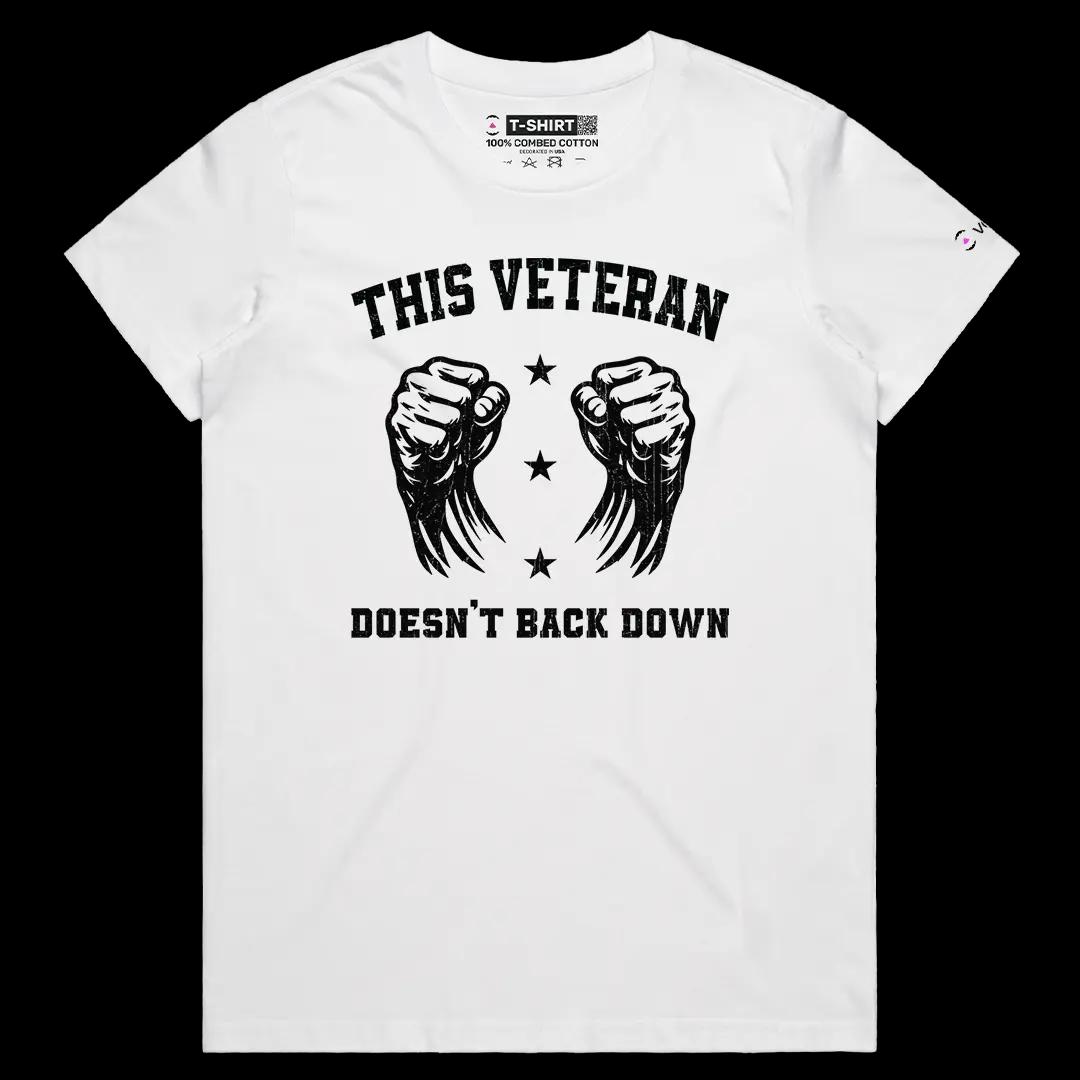 VOICEART White Female Regular US Veteran No Backing Down Graphic Tee for 4th of July Short Cotton Shirt for Men and Women v2