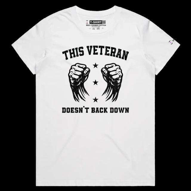 VOICEART White Female Regular US Veteran No Backing Down Graphic Tee for 4th of July Short Cotton Shirt for Men and Women v2