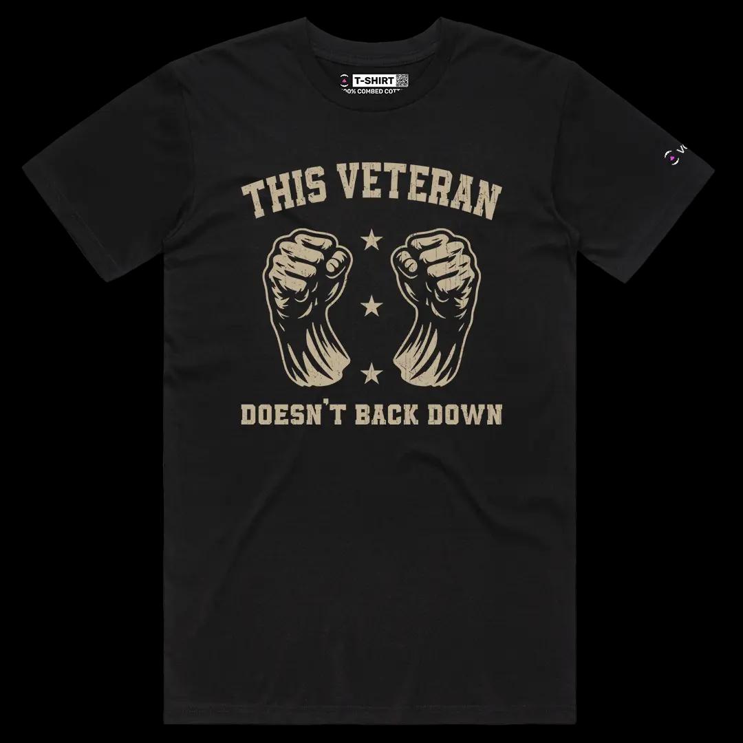 VOICEART Black Male Regular US Veteran No Backing Down Graphic Tee for 4th of July Short Cotton Shirt for Men and Women v2