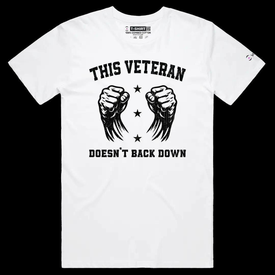 VOICEART White Male Regular US Veteran No Backing Down Graphic Tee for 4th of July Short Cotton Shirt for Men and Women v2