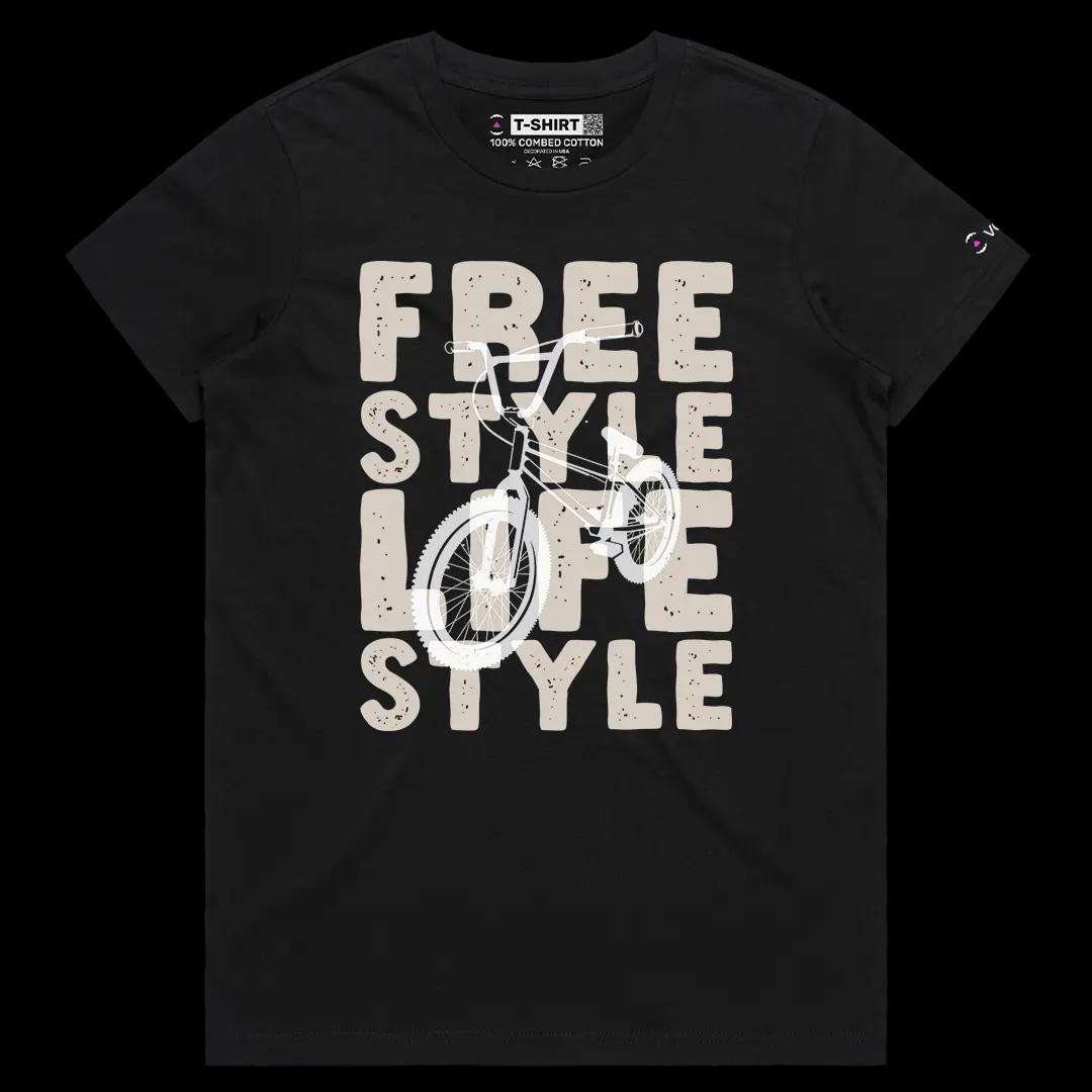 VOICEART Black Female Regular Retro BMX Bicycle Free Style Lifestyle Graphic Tee Short Sleeve Cotton Shirt for Men and Women