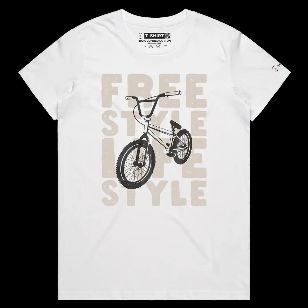 VOICEART White Female Regular Retro BMX Bicycle Free Style Lifestyle Graphic Tee Short Sleeve Cotton Shirt for Men and Women