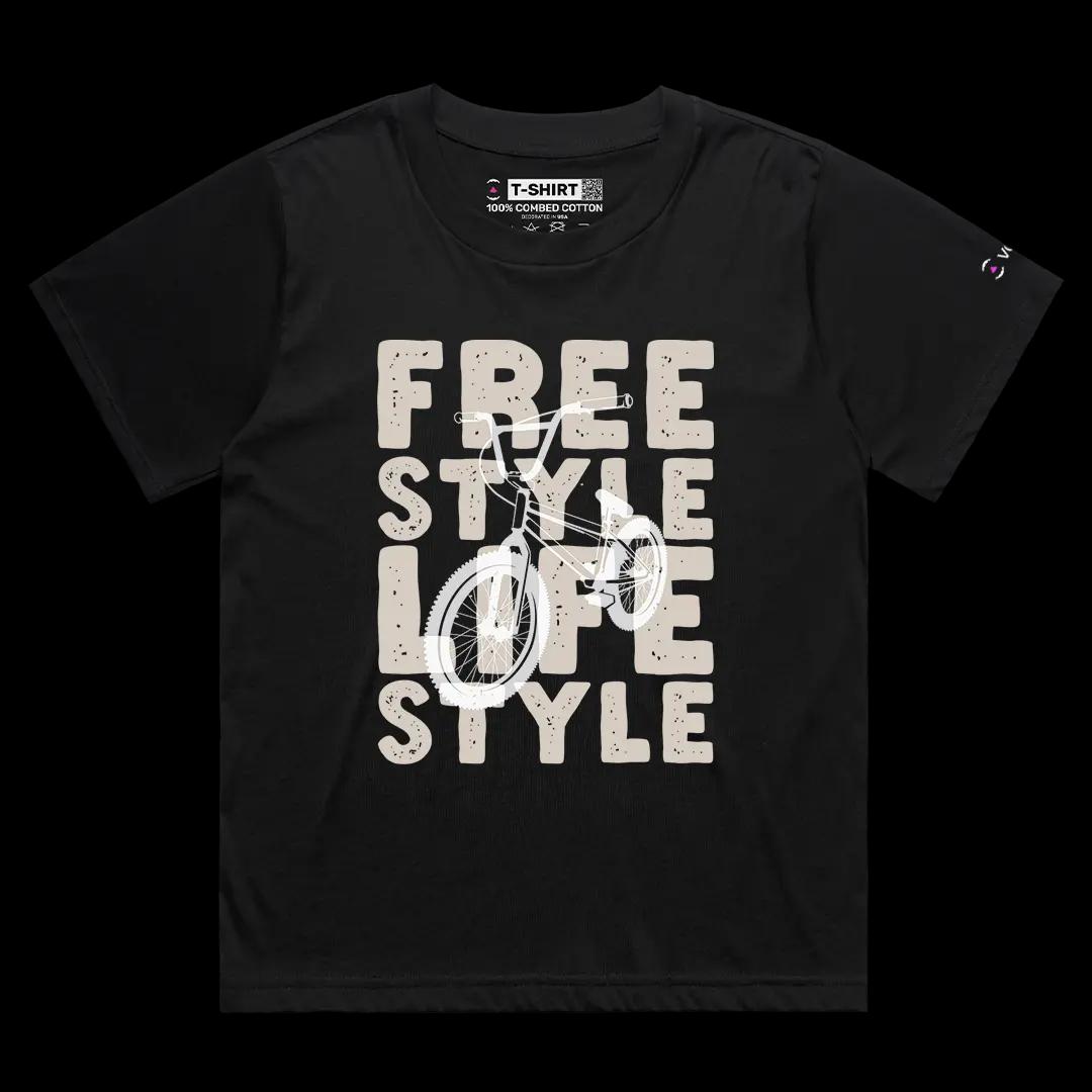 VOICEART Black Female Loose Retro BMX Bicycle Free Style Lifestyle Graphic Tee Short Sleeve Cotton Shirt for Men and Women