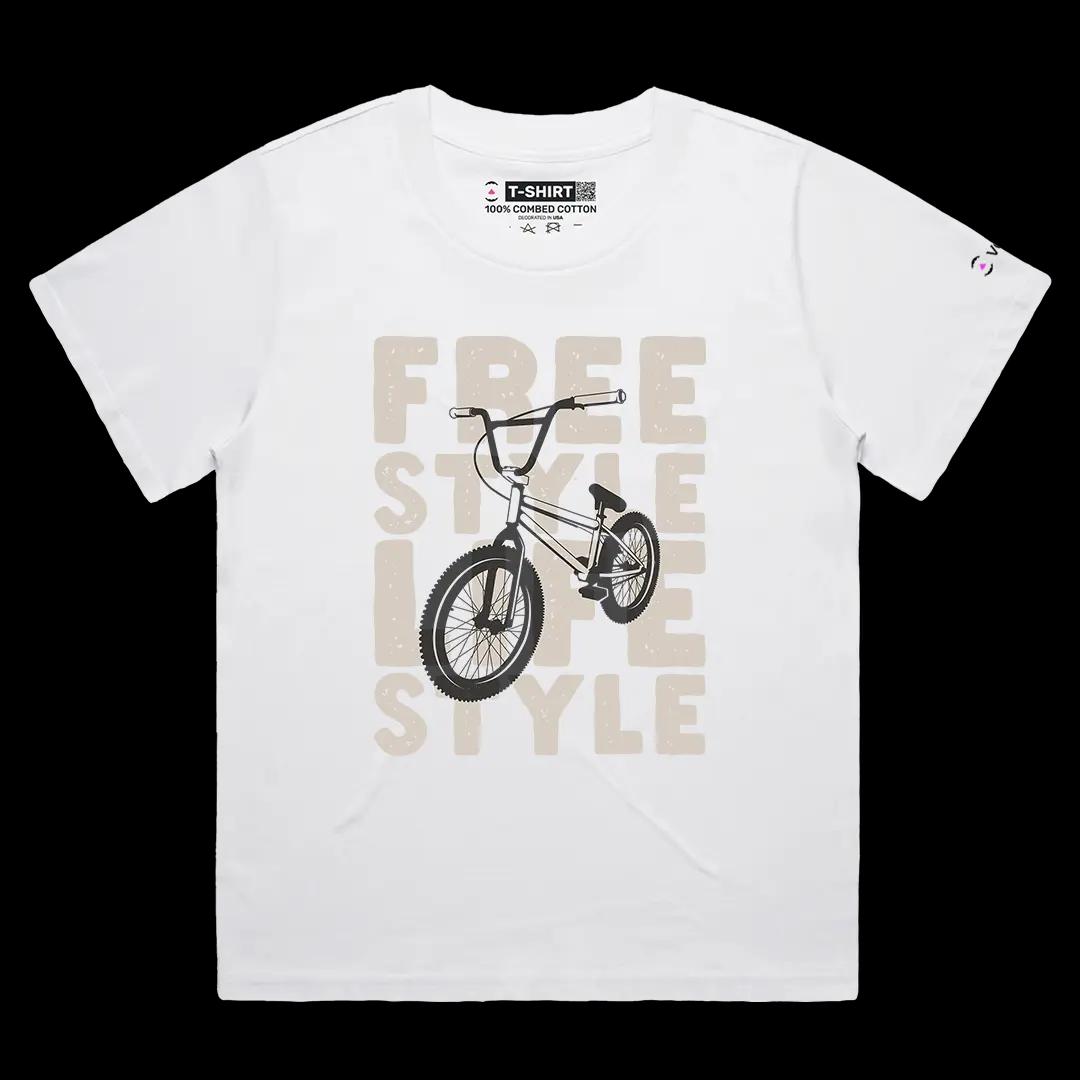 VOICEART White Female Loose Retro BMX Bicycle Free Style Lifestyle Graphic Tee Short Sleeve Cotton Shirt for Men and Women