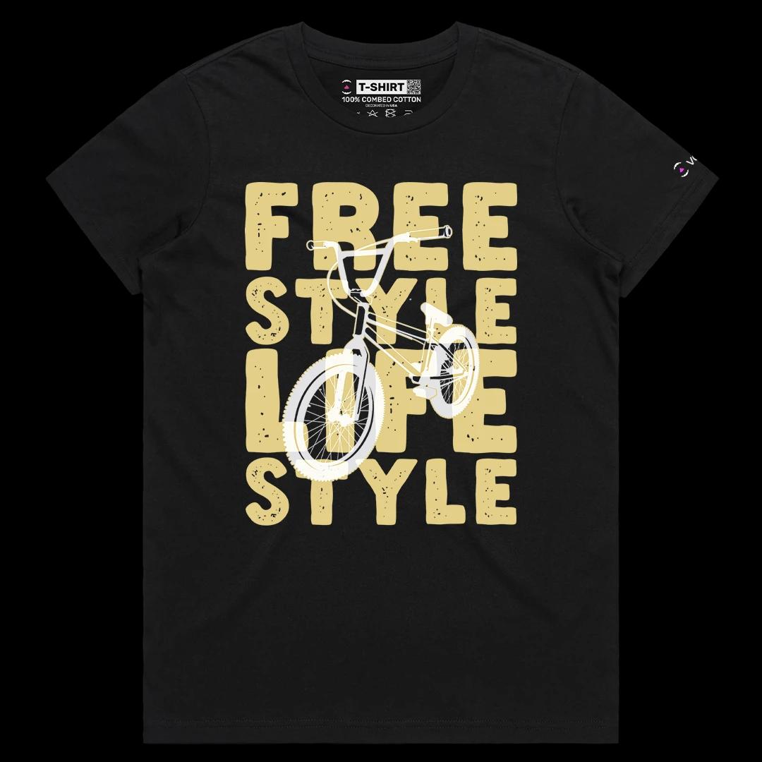 VOICEART Black Female Regular Retro BMX Bicycle Free Style Lifestyle Graphic Tee Short Sleeve Cotton Shirt for Men and Women