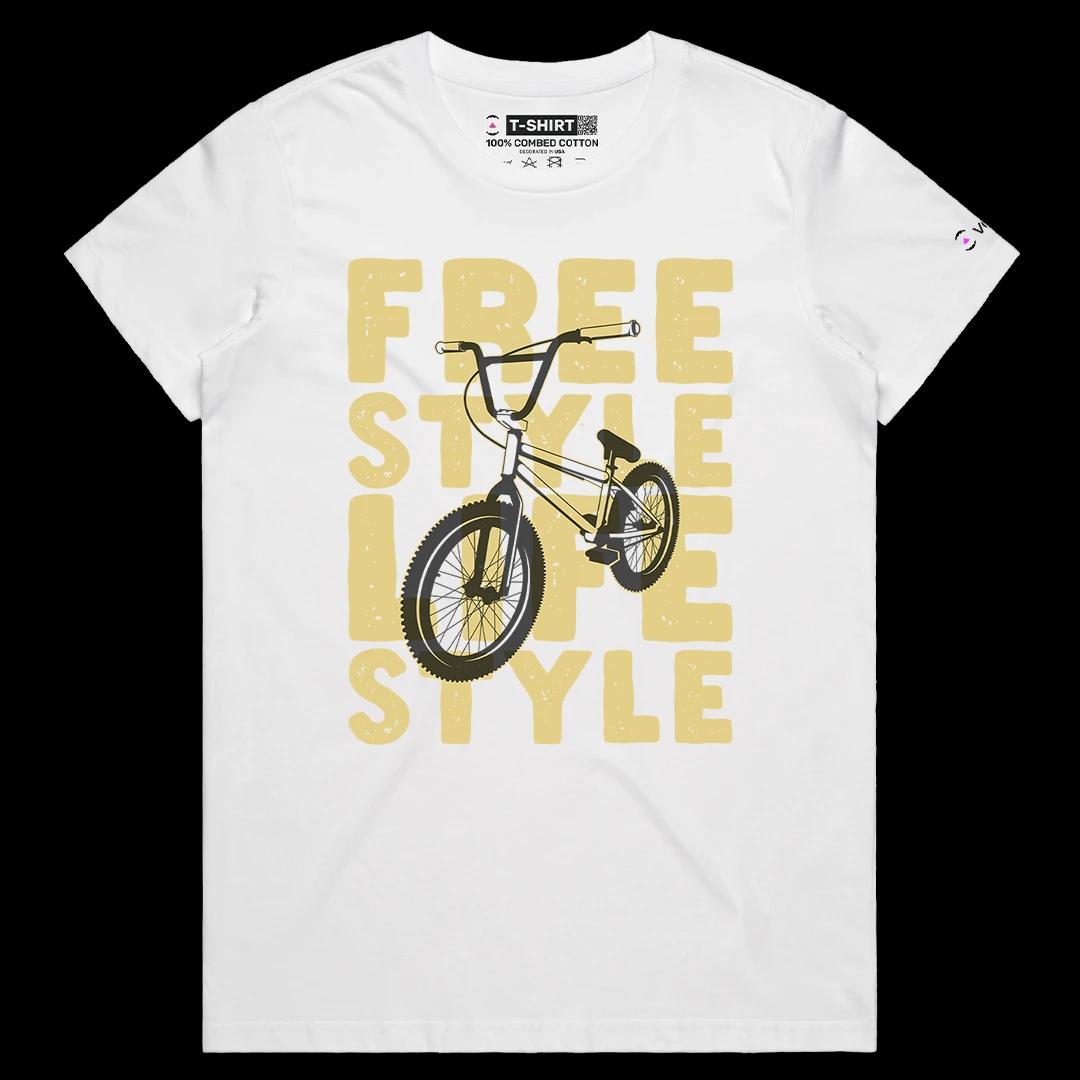 VOICEART White Female Regular Retro BMX Bicycle Free Style Lifestyle Graphic Tee Short Sleeve Cotton Shirt for Men and Women