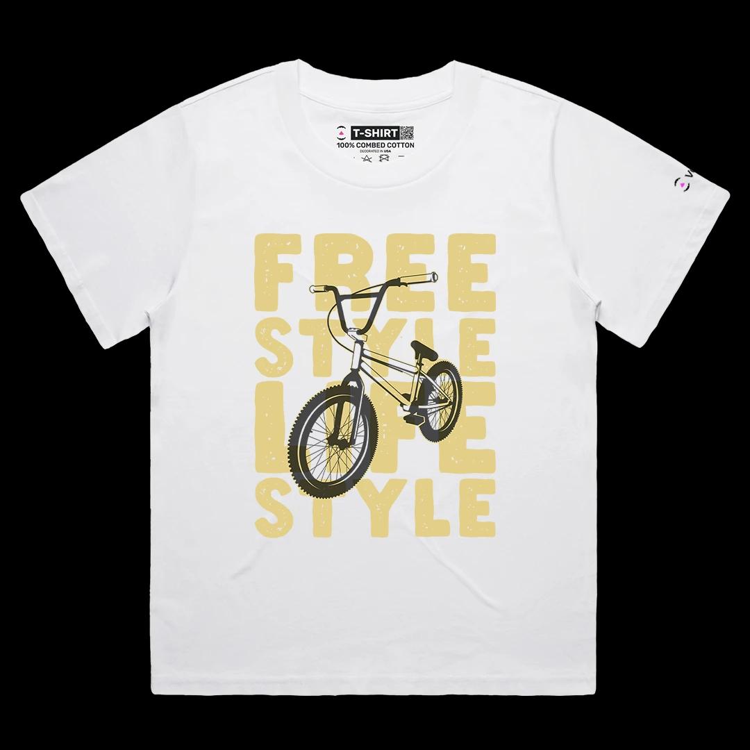 VOICEART White Female Loose Retro BMX Bicycle Free Style Lifestyle Graphic Tee Short Sleeve Cotton Shirt for Men and Women