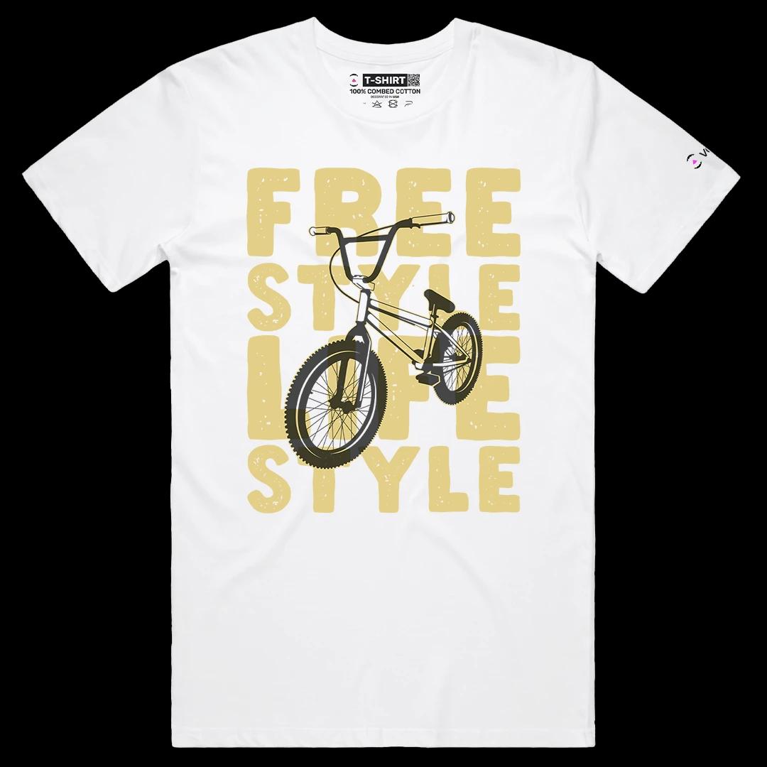 VOICEART White Male Regular Retro BMX Bicycle Free Style Lifestyle Graphic Tee Short Sleeve Cotton Shirt for Men and Women