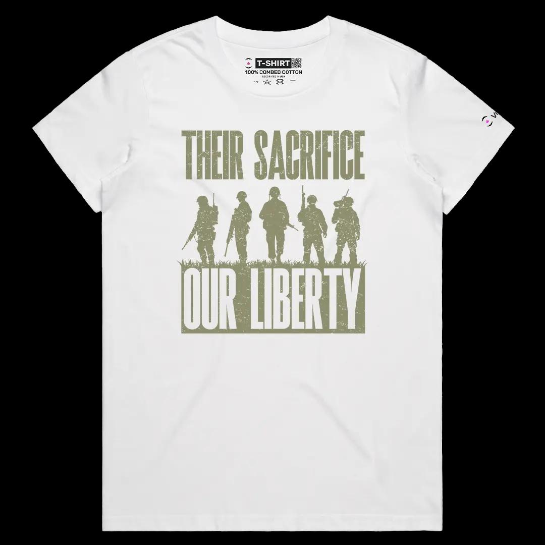 VOICEART White Female Regular Liberty & Sacrifice Patriotic Graphic Tee for Memorial Day Short Sleeve Shirt for Men and Women