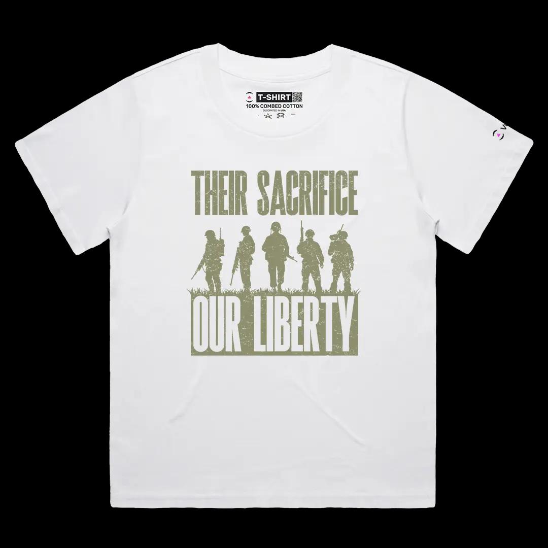 VOICEART White Female Loose Liberty & Sacrifice Patriotic Graphic Tee for Memorial Day Short Sleeve Shirt for Men and Women
