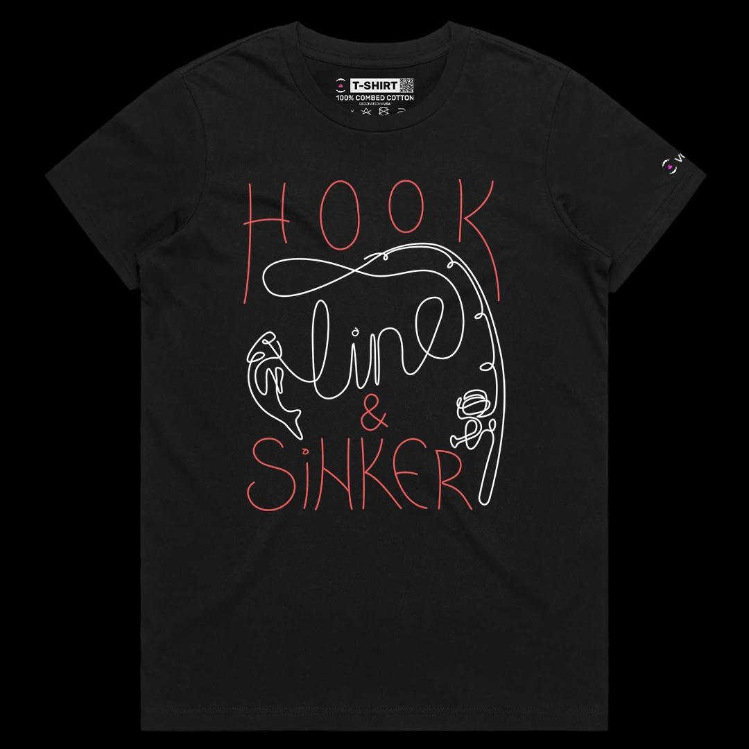 VOICEART Black Female Regular Hook Line & Sinker Funny Graphic Tee for Fishermans Short Sleeve T-Shirt for Men and Women