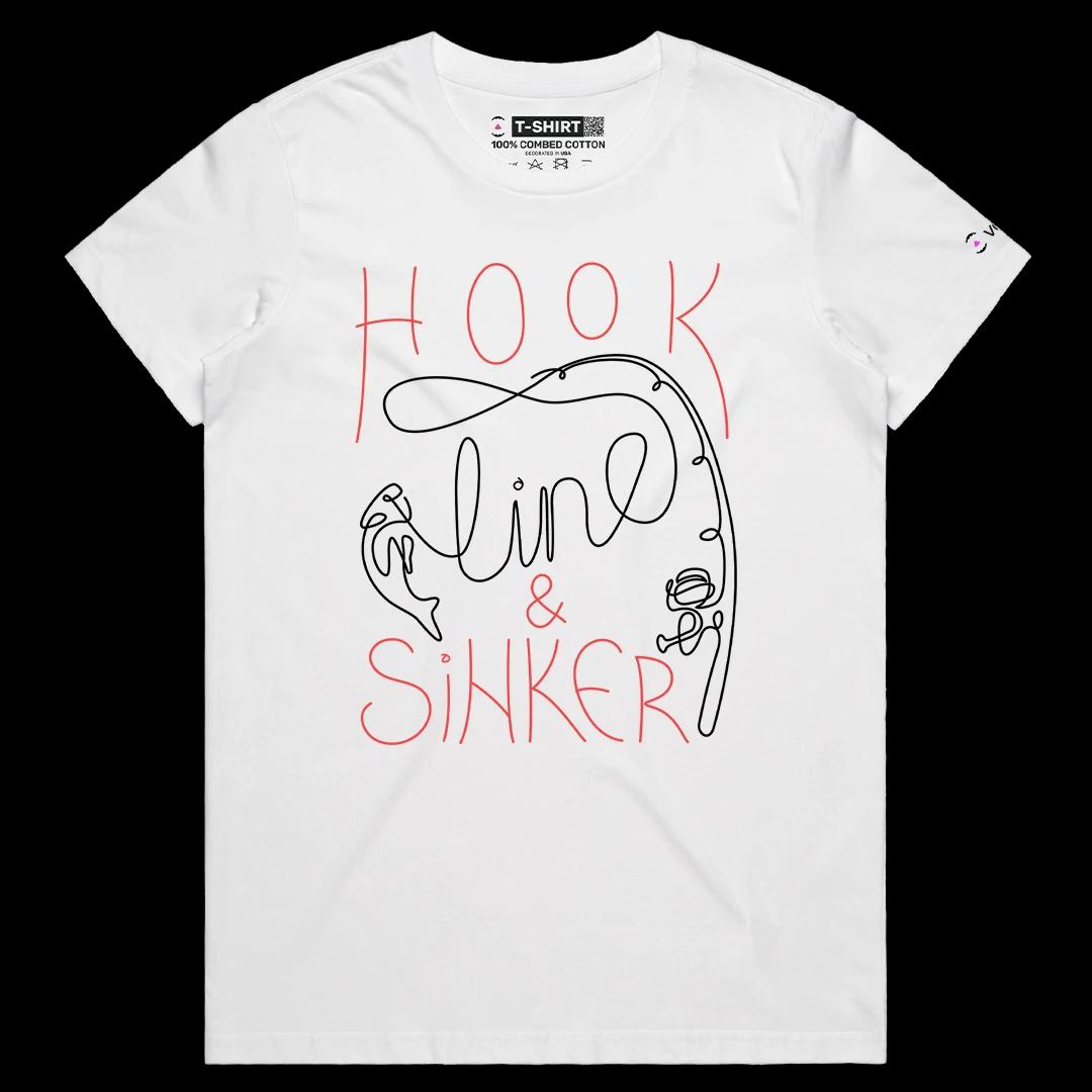 VOICEART White Female Regular Hook Line & Sinker Funny Graphic Tee for Fishermans Short Sleeve T-Shirt for Men and Women
