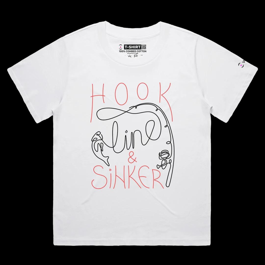 VOICEART White Female Loose Hook Line & Sinker Funny Graphic Tee for Fishermans Short Sleeve T-Shirt for Men and Women