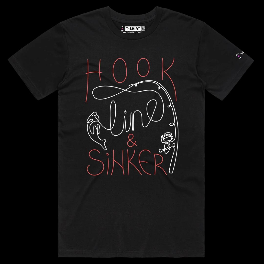 VOICEART Black Male Regular Hook Line & Sinker Funny Graphic Tee for Fishermans Short Sleeve T-Shirt for Men and Women