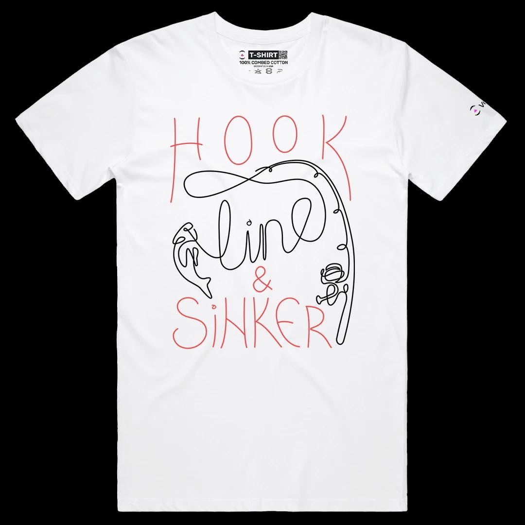VOICEART White Male Regular Hook Line & Sinker Funny Graphic Tee for Fishermans Short Sleeve T-Shirt for Men and Women