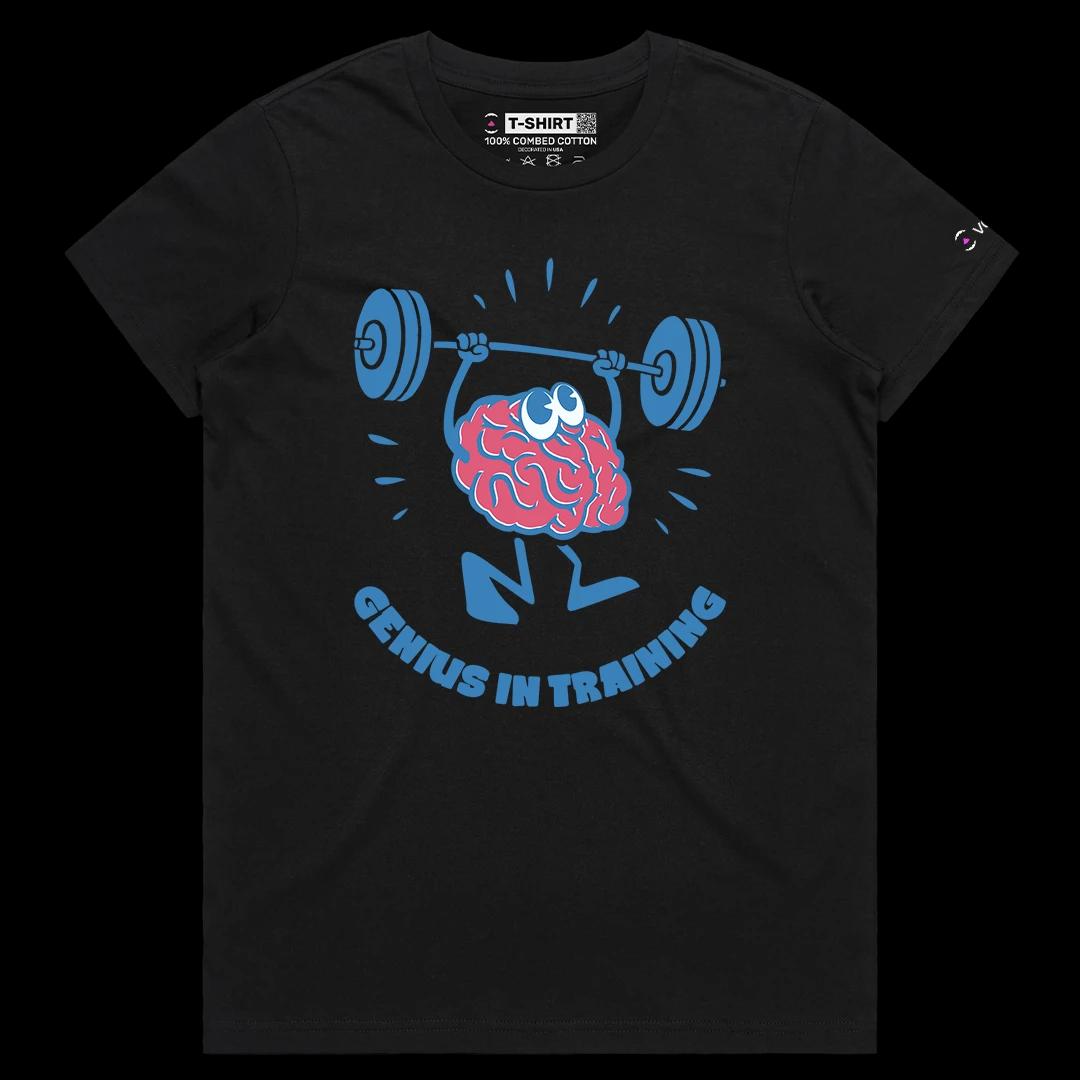 VOICEART Black Female Regular Genius in Training Funny Graphic Gym Tee Short Sleeve Combed Cotton T-Shirt for Men and Women