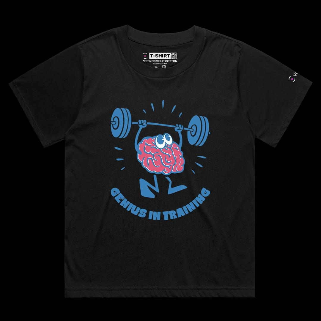 VOICEART Black Female Loose Genius in Training Funny Graphic Gym Tee Short Sleeve Combed Cotton T-Shirt for Men and Women