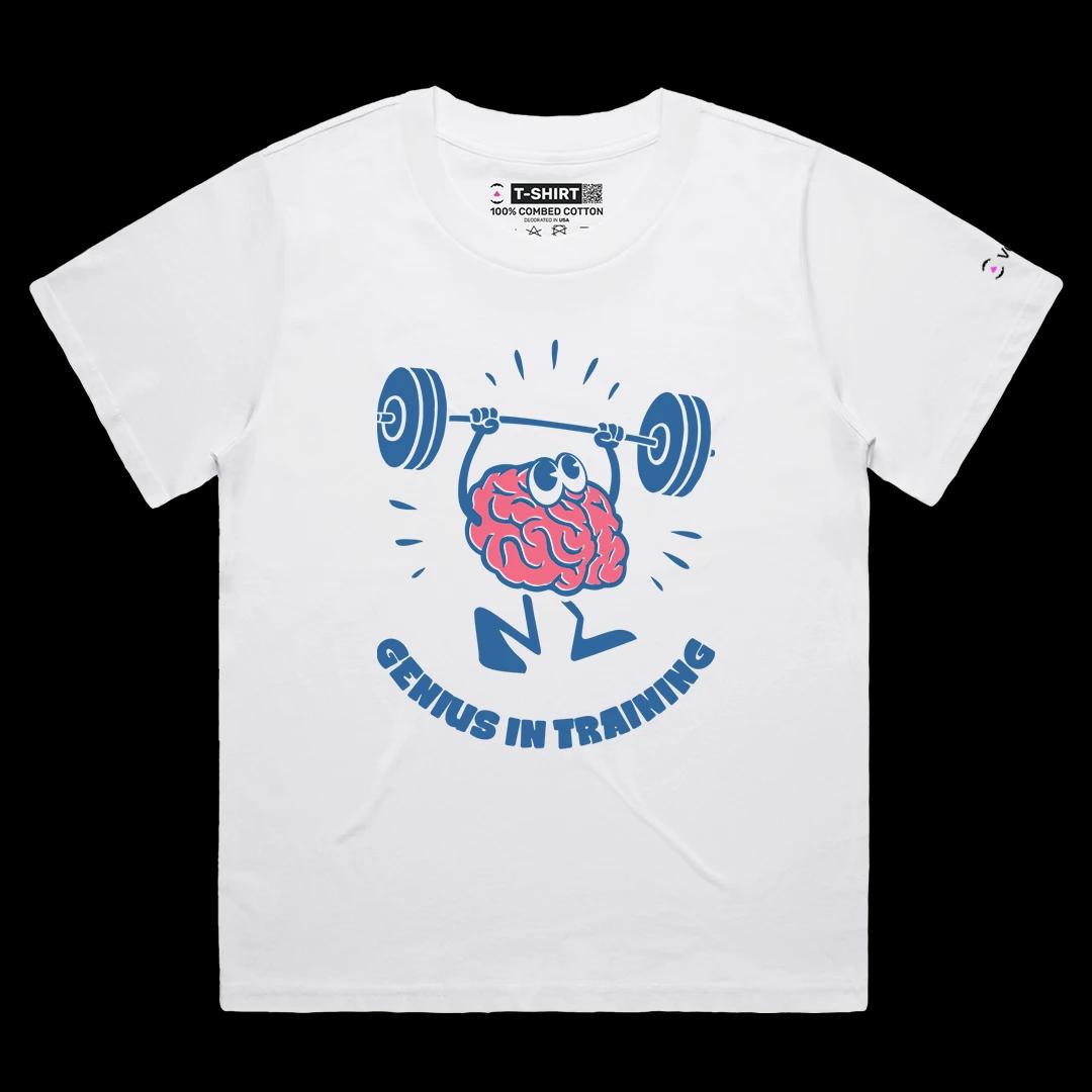 VOICEART White Female Loose Genius in Training Funny Graphic Gym Tee Short Sleeve Combed Cotton T-Shirt for Men and Women