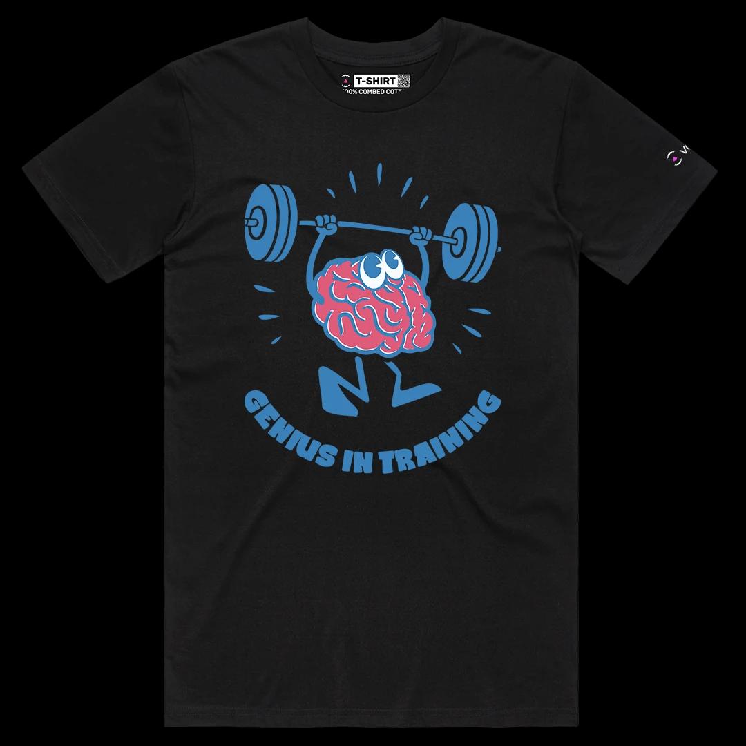 VOICEART Black Male Regular Genius in Training Funny Graphic Gym Tee Short Sleeve Combed Cotton T-Shirt for Men and Women