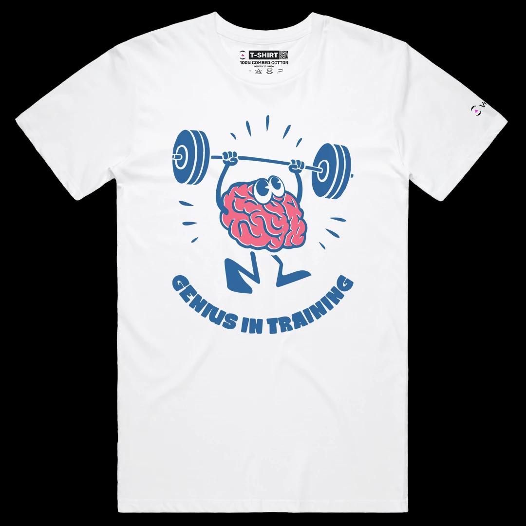 VOICEART White Male Regular Genius in Training Funny Graphic Gym Tee Short Sleeve Combed Cotton T-Shirt for Men and Women