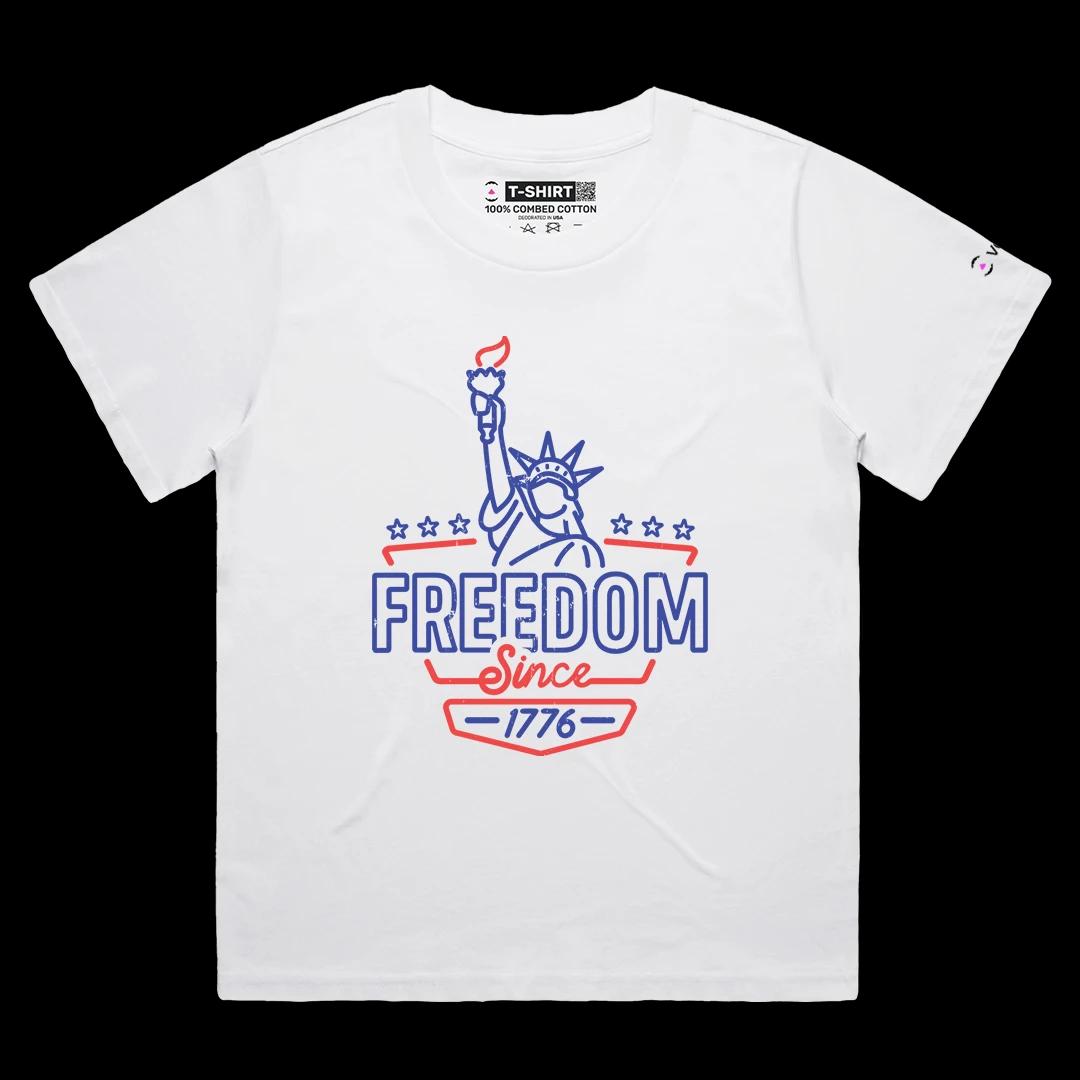 VOICEART White Female Loose Freedom Lady Liberty Patriotic Graphic Tee for US Holidays Short Sleeve Shirt for Men and Women