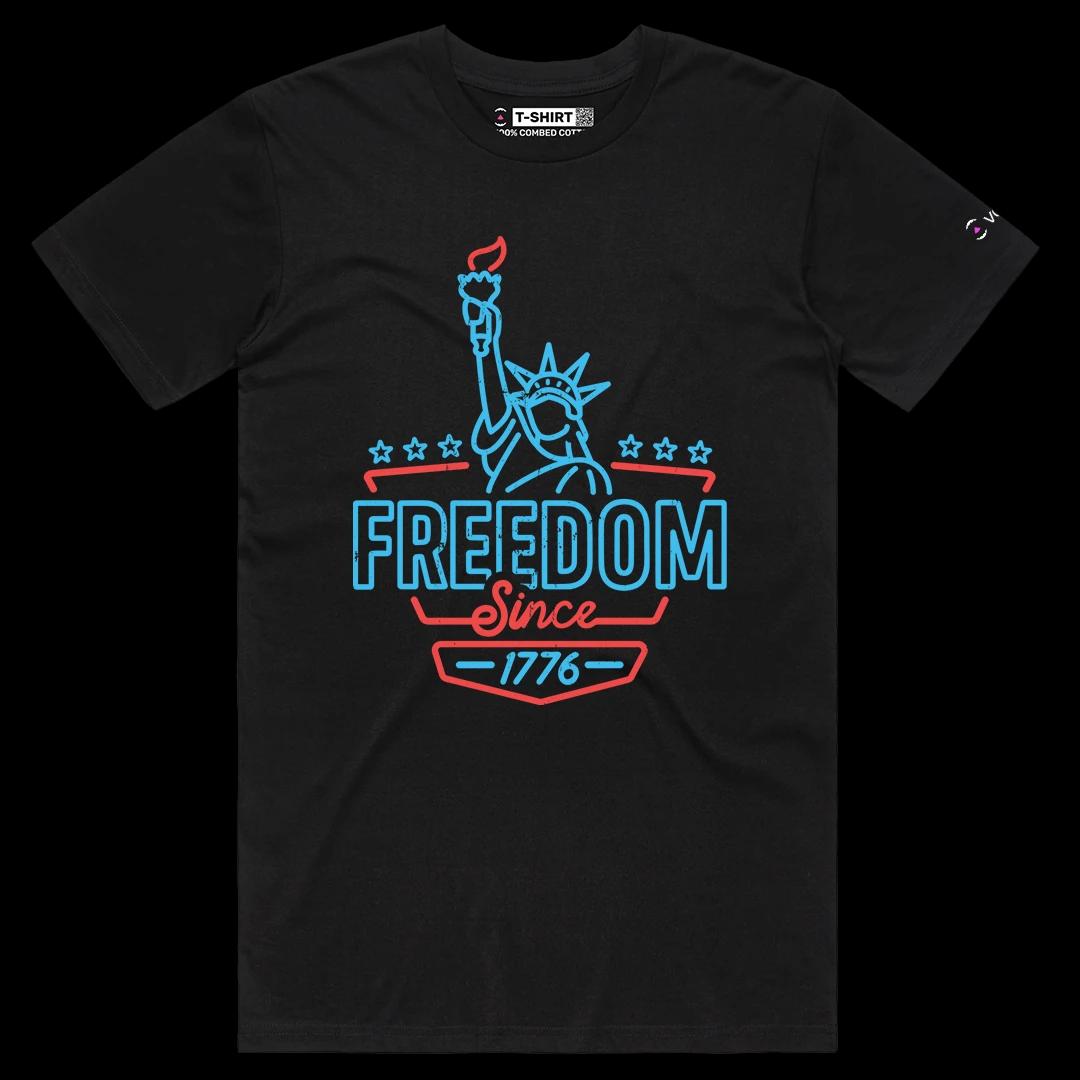 VOICEART Black Male Regular Freedom Lady Liberty Patriotic Graphic Tee for US Holidays Short Sleeve Shirt for Men and Women