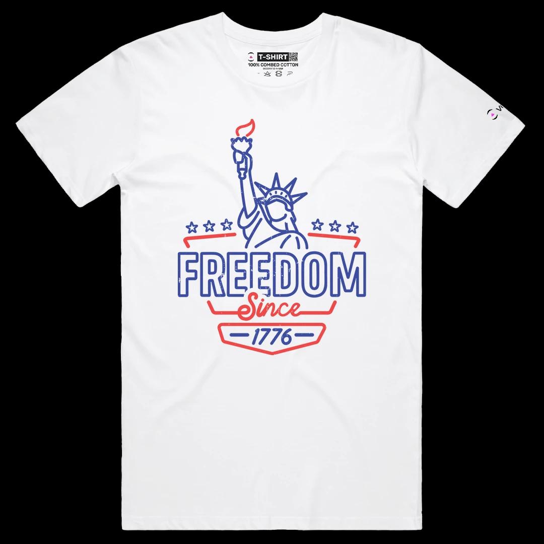VOICEART White Male Regular Freedom Lady Liberty Patriotic Graphic Tee for US Holidays Short Sleeve Shirt for Men and Women