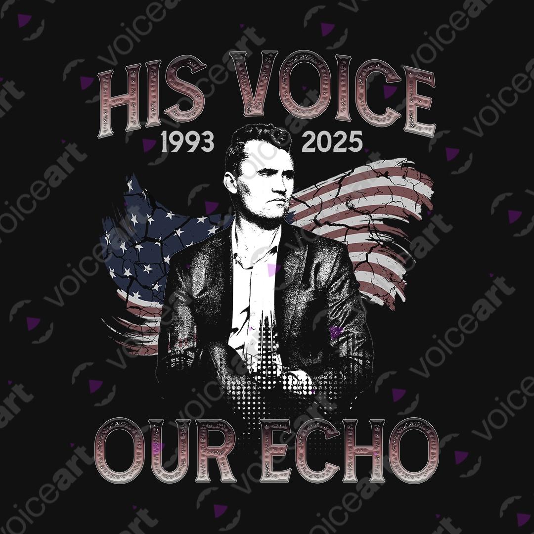 VOICEART Black Watermark His Voice Our Echo Tribute Charlie Kirk Graphic Tee Short Sleeve T-Shirt for Men and Women
