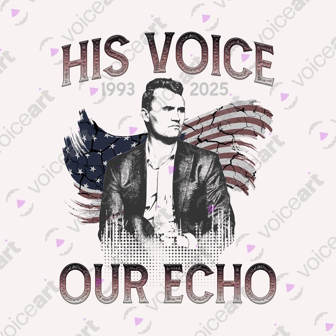 VOICEART White Watermark His Voice Our Echo Tribute Charlie Kirk Graphic Tee Short Sleeve T-Shirt for Men and Women