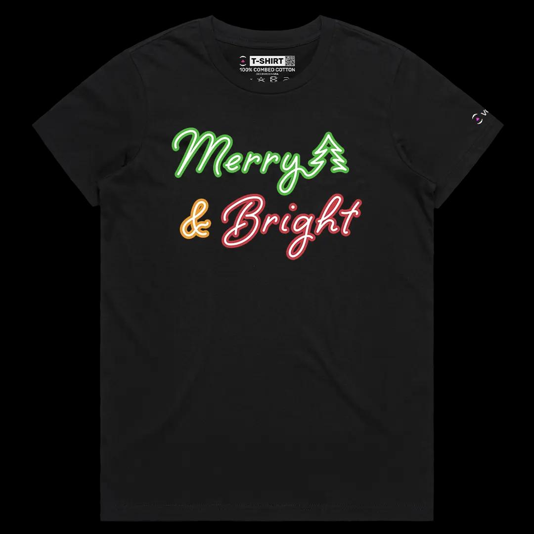 VOICEART Black Female Regular Merry & Bright Christmas Elegant Graphic Tee for Holidays Short Sleeve TShirt for Men and Women
