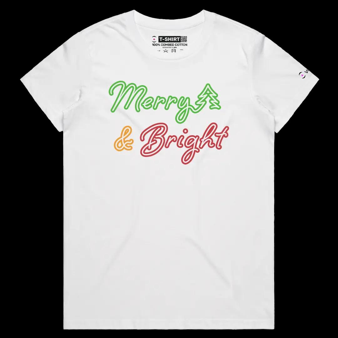 VOICEART White Female Regular Merry & Bright Christmas Elegant Graphic Tee for Holidays Short Sleeve TShirt for Men and Women