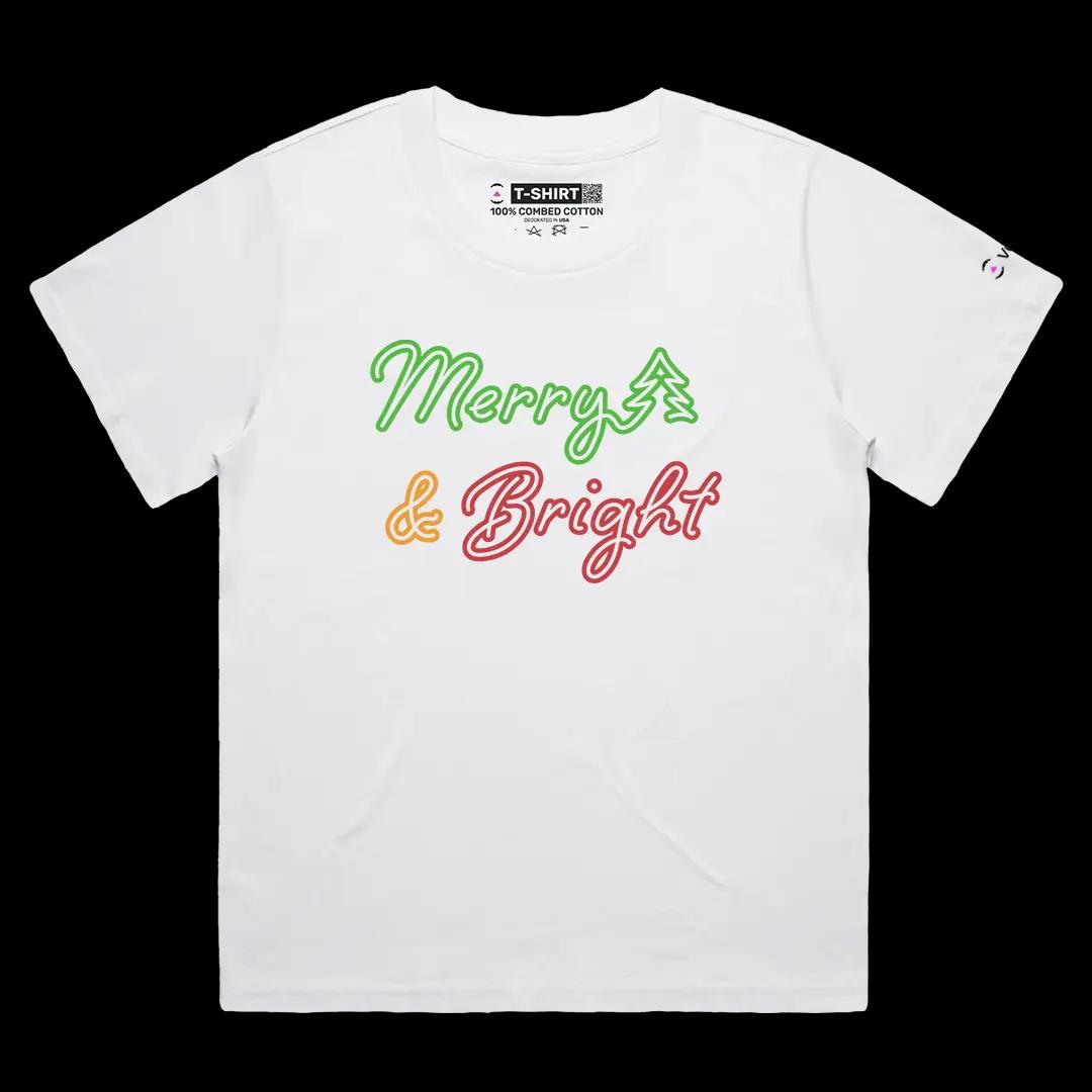 VOICEART White Female Loose Merry & Bright Christmas Elegant Graphic Tee for Holidays Short Sleeve TShirt for Men and Women
