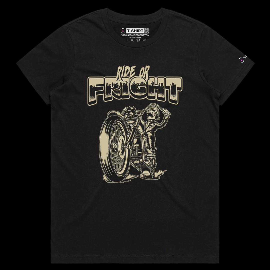 VOICEART Black Female Regular Ride or Fright Funny Halloween Graphic Tee for Holidays Short Sleeve T-Shirt for Men and Women