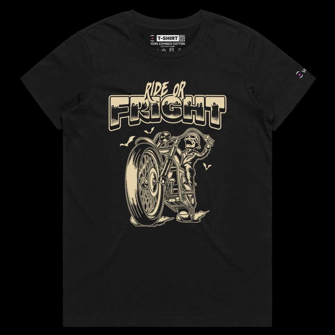 VOICEART Black Female Regular Ride or Fright Funny Halloween Graphic Tee for Holidays Short Sleeve T-Shirt for Men and Women