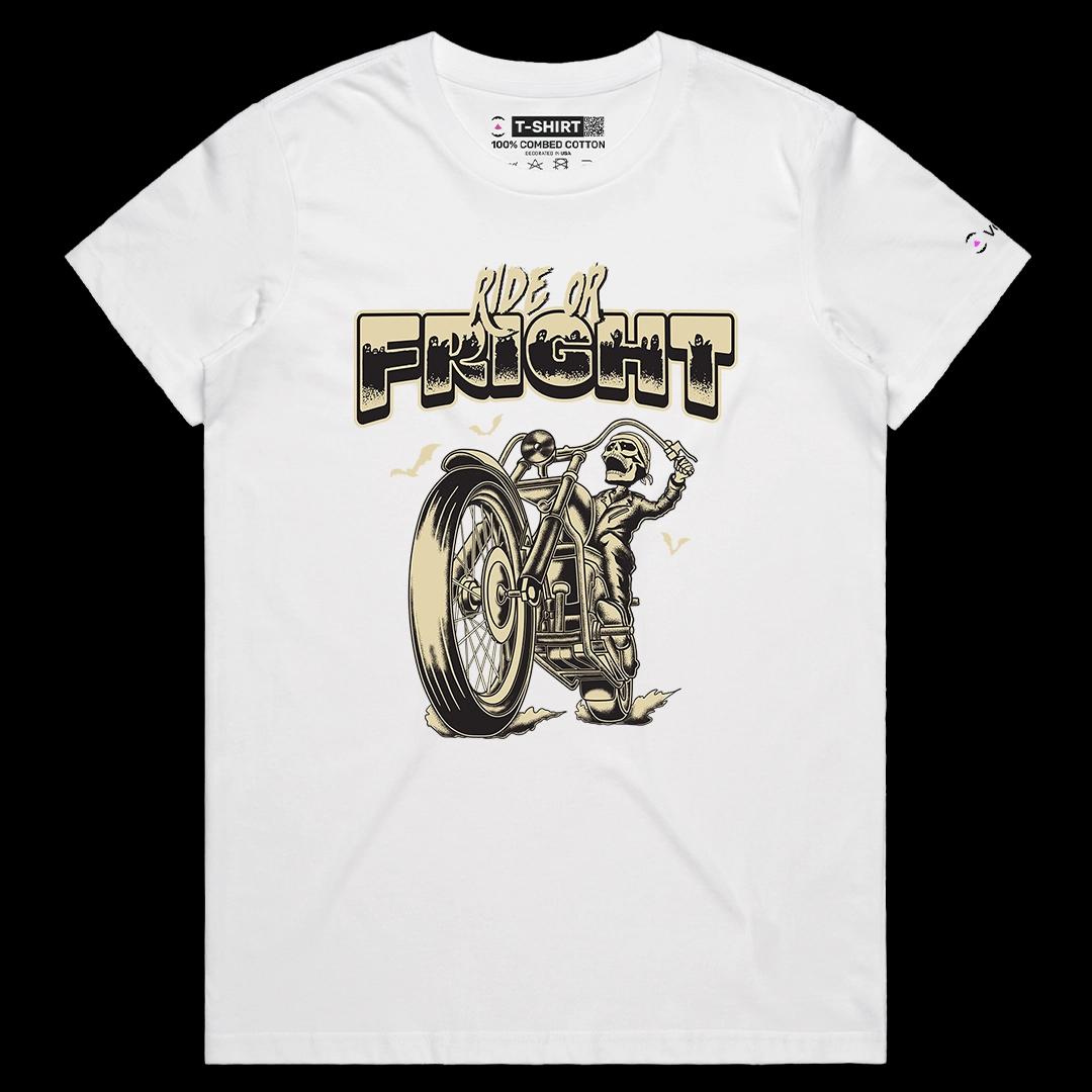 VOICEART White Female Regular Ride or Fright Funny Halloween Graphic Tee for Holidays Short Sleeve T-Shirt for Men and Women