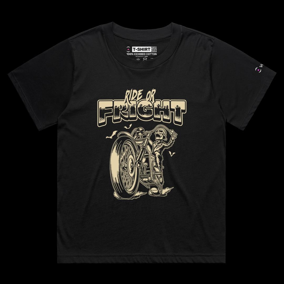 VOICEART Black Female Loose Ride or Fright Funny Halloween Graphic Tee for Holidays Short Sleeve T-Shirt for Men and Women