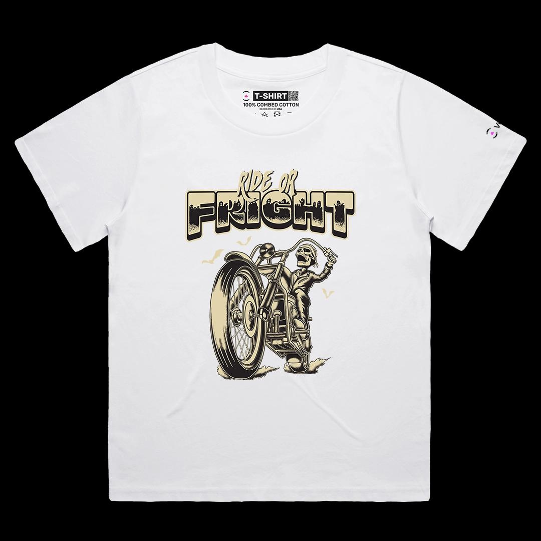 VOICEART White Female Loose Ride or Fright Funny Halloween Graphic Tee for Holidays Short Sleeve T-Shirt for Men and Women