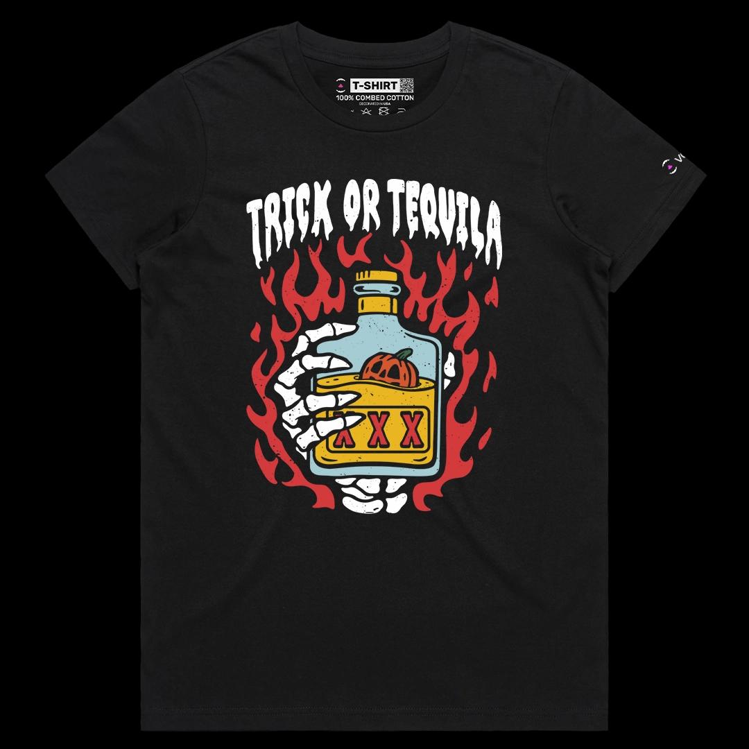 VOICEART Black Female Regular Trick or Tequila Funny Halloween Graphic Tee for Holidays Short Sleeve TShirt for Men and Women