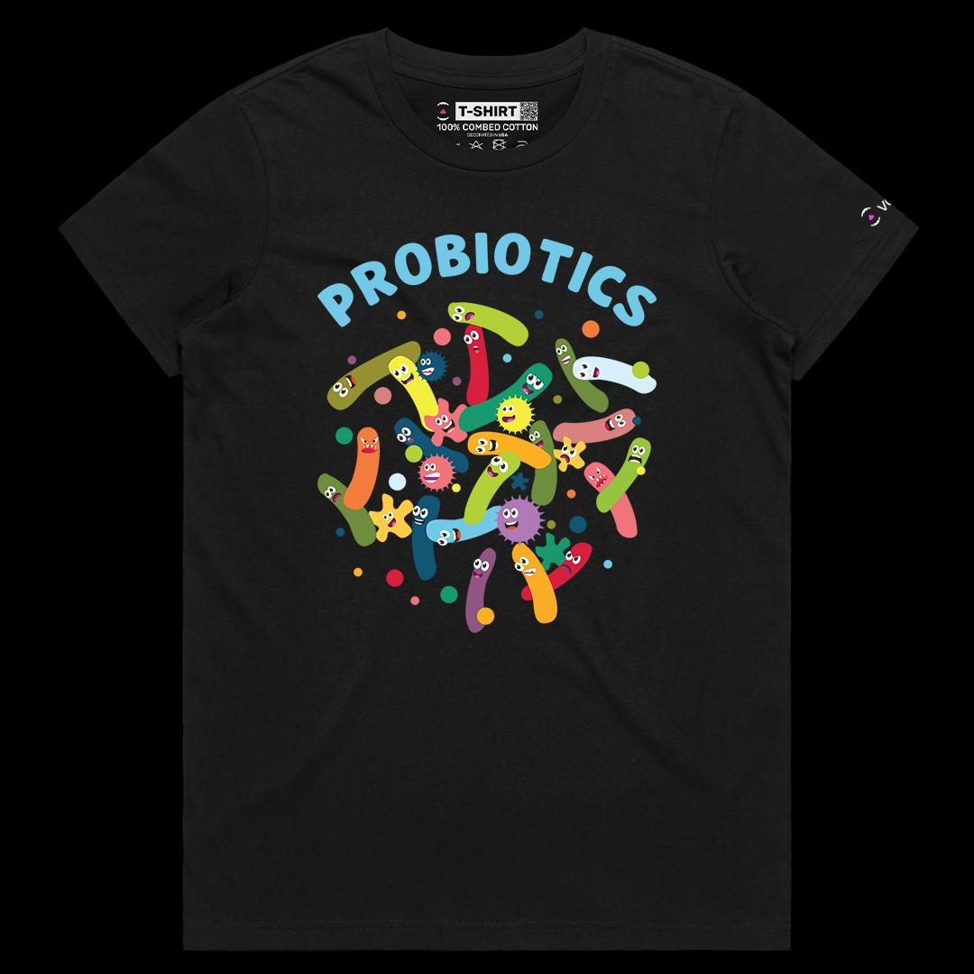 VOICEART Black Female Regular Colorful Probiotics Graphic Tee Short Sleeve T-Shirt for Men and Women