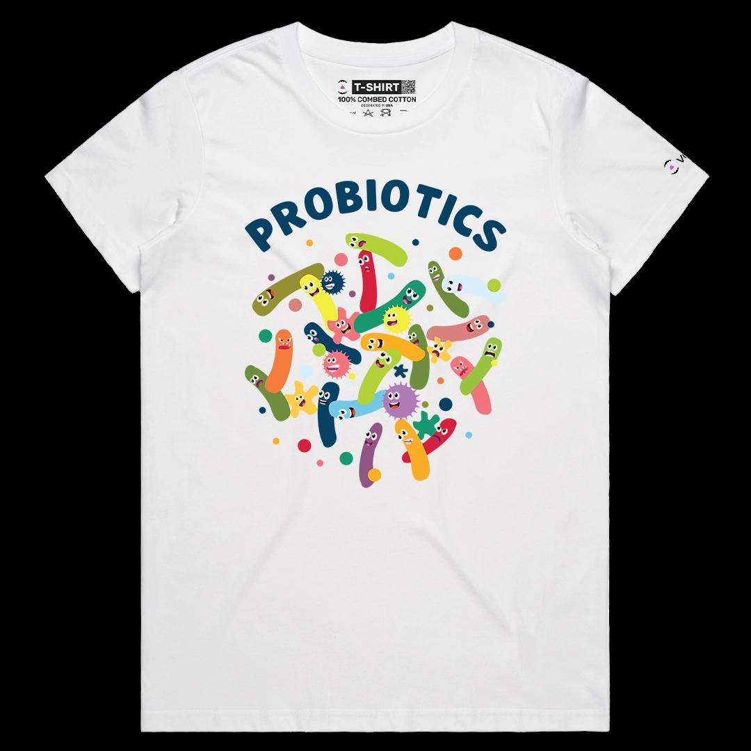 VOICEART White Female Regular Colorful Probiotics Graphic Tee Short Sleeve T-Shirt for Men and Women