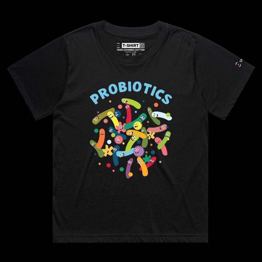 VOICEART Black Female Loose Colorful Probiotics Graphic Tee Short Sleeve T-Shirt for Men and Women