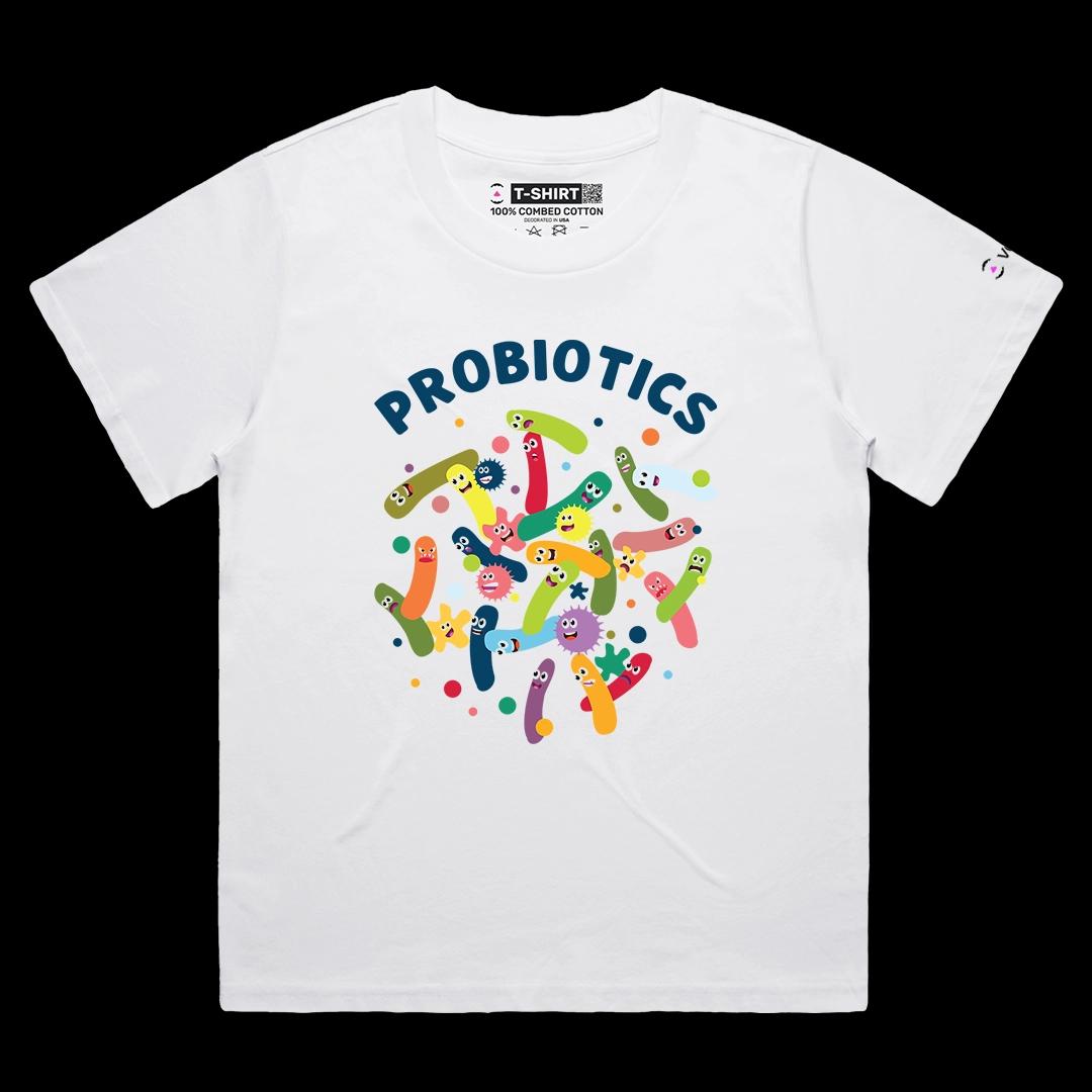 VOICEART White Female Loose Colorful Probiotics Graphic Tee Short Sleeve T-Shirt for Men and Women