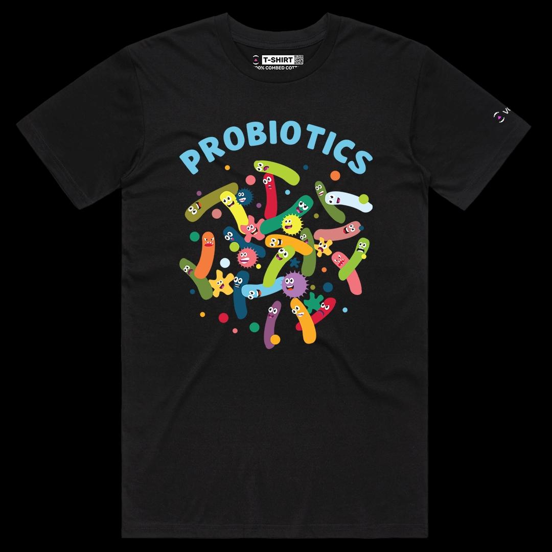 VOICEART Black Male Regular Colorful Probiotics Graphic Tee Short Sleeve T-Shirt for Men and Women