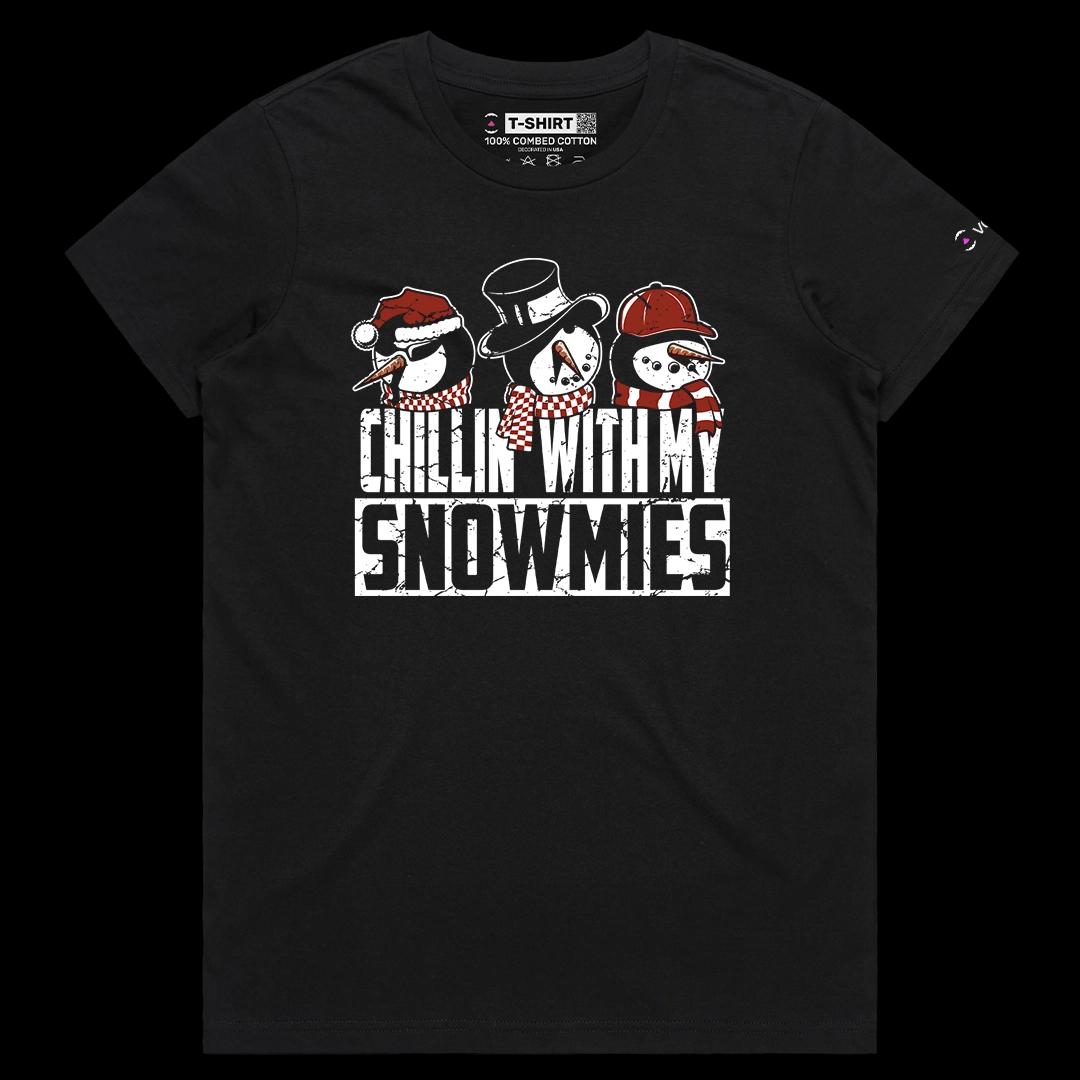 VOICEART Black Female Regular Chillin With My Snowmies Funny Christmas Graphic Tee for Holidays Short Shirt for Men and Women