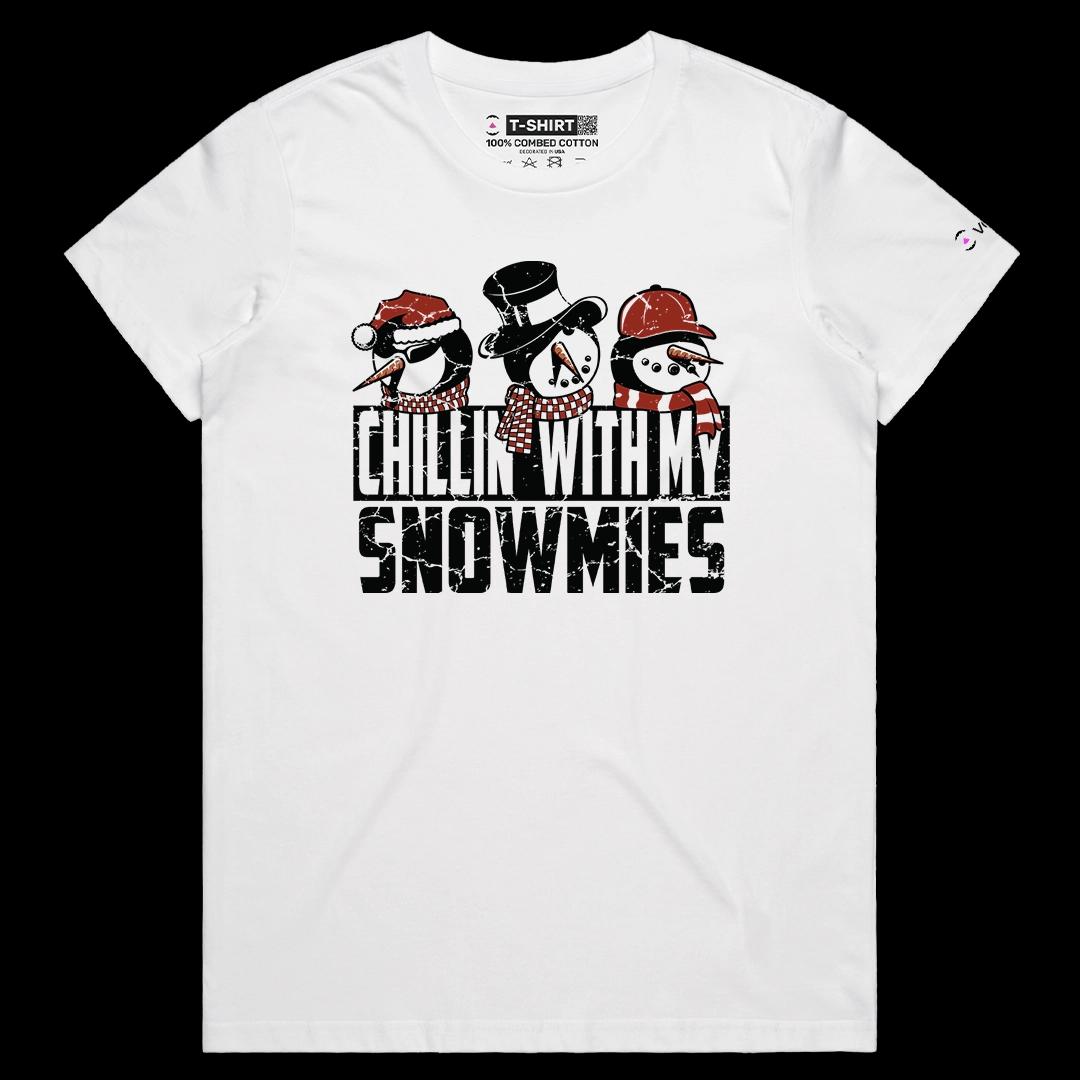 VOICEART White Female Regular Chillin With My Snowmies Funny Christmas Graphic Tee for Holidays Short Shirt for Men and Women
